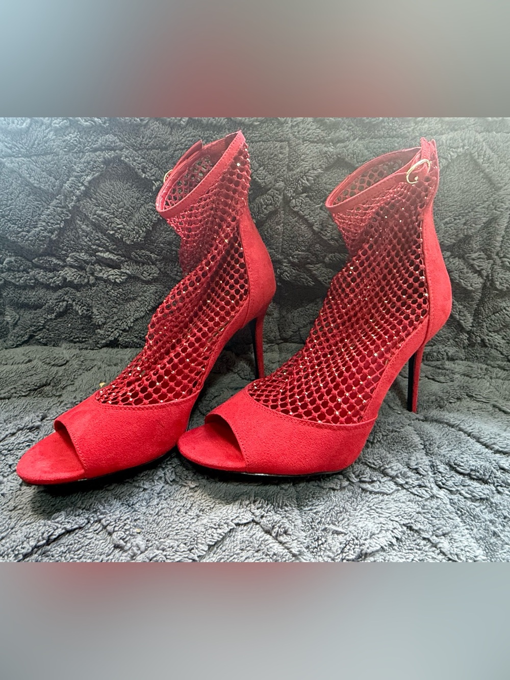 Guess -Red Mesh Peep-Toe Stiletto Booties (women 8)- zip up back-faux suede
